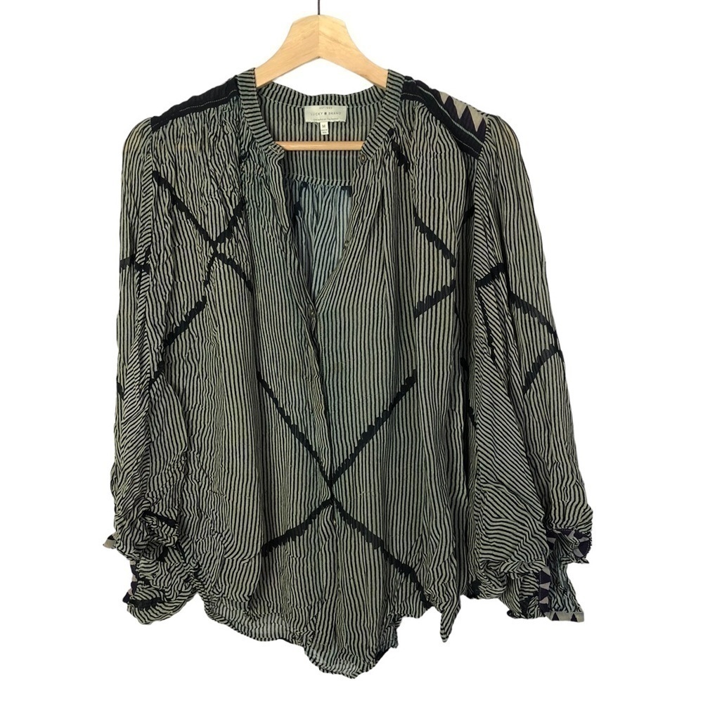 Lucky Brand Beige & Black Stripe Button Down Long Sleeve M